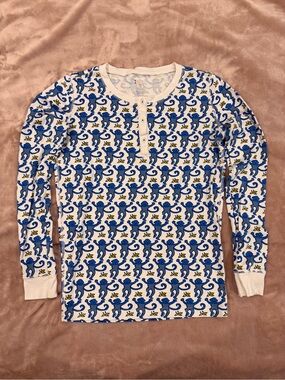 Roller Rabbit White Long-Sleeve Henley with Blue Monkey Print Size 14